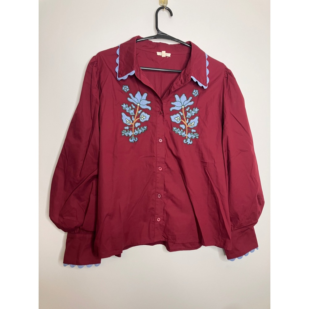 Jodifl Button Down Blouse Womens Medium Burgundy Excellent Floral Puff Sleeve
